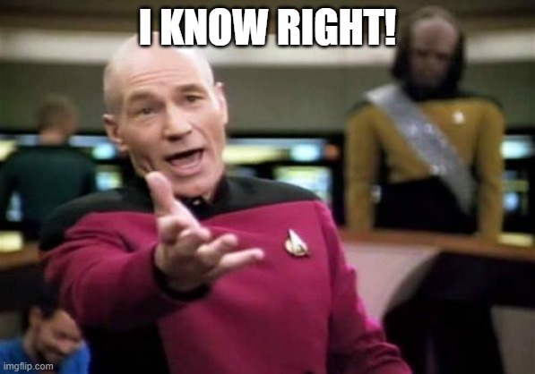 Picard Wtf Meme | I KNOW RIGHT! | image tagged in memes,picard wtf | made w/ Imgflip meme maker