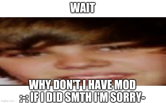 ;-; | WAIT; WHY DON'T I HAVE MOD ;-; IF I DID SMTH I'M SORRY- | image tagged in justin beiber | made w/ Imgflip meme maker