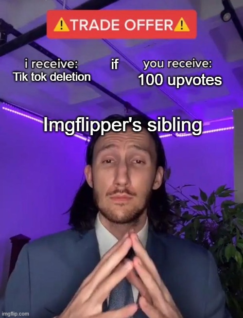 This is totally how it happens | if; Tik tok deletion; 100 upvotes; Imgflipper's sibling | image tagged in trade offer,imgflip,tik tok,upvote begging | made w/ Imgflip meme maker