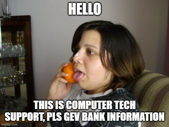 Wrong Number Rita | HELLO; THIS IS COMPUTER TECH SUPPORT, PLS GEV BANK INFORMATION | image tagged in memes,wrong number rita | made w/ Imgflip meme maker