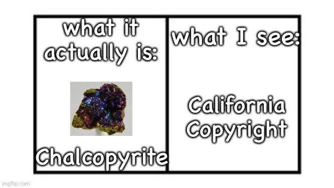 logic >:) | what I see:; what it actually is:; California
Copyright; Chalcopyrite | image tagged in two boxes,rocks,minerals,funny,memes | made w/ Imgflip meme maker