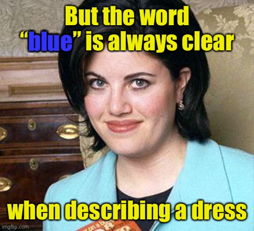 Monica Lewinsky | But the word “blue” is always clear when describing a dress blue | image tagged in monica lewinsky | made w/ Imgflip meme maker