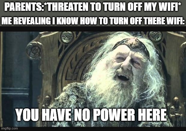 You have no power here | ME REVEALING I KNOW HOW TO TURN OFF THERE WIFI:; PARENTS:*THREATEN TO TURN OFF MY WIFI*; YOU HAVE NO POWER HERE | image tagged in you have no power here,lord of the rongs,parent's,wifi,minecraft | made w/ Imgflip meme maker