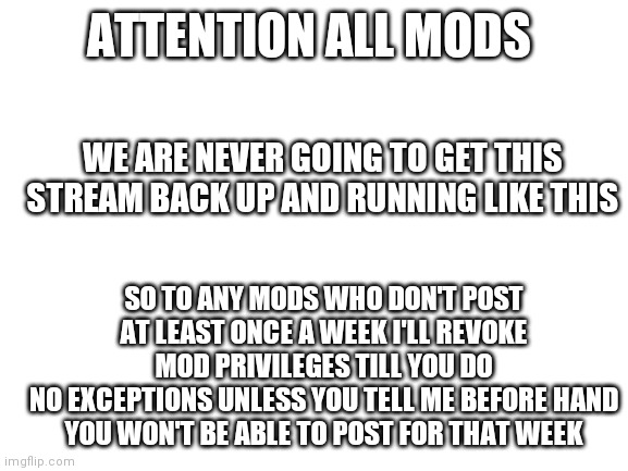 I understand if you're busy but we need to get this stream back up | ATTENTION ALL MODS; WE ARE NEVER GOING TO GET THIS STREAM BACK UP AND RUNNING LIKE THIS; SO TO ANY MODS WHO DON'T POST AT LEAST ONCE A WEEK I'LL REVOKE MOD PRIVILEGES TILL YOU DO
NO EXCEPTIONS UNLESS YOU TELL ME BEFORE HAND YOU WON'T BE ABLE TO POST FOR THAT WEEK | image tagged in blank white template,ninjago | made w/ Imgflip meme maker
