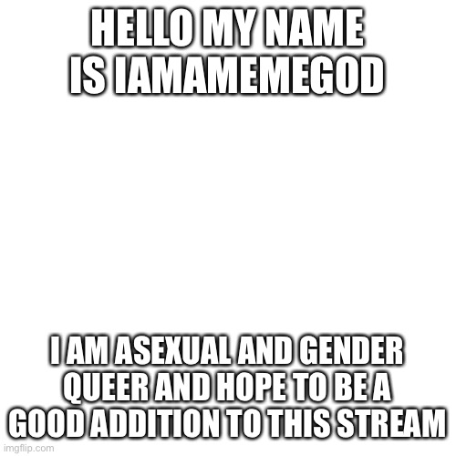 Blank Transparent Square | HELLO MY NAME IS IAMAMEMEGOD; I AM ASEXUAL AND GENDER QUEER AND HOPE TO BE A GOOD ADDITION TO THIS STREAM | image tagged in memes,blank transparent square | made w/ Imgflip meme maker