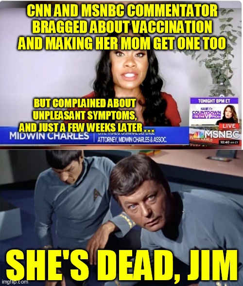 Maybe the tinfoilers look into things in greater depth sometimes than the puppet talking heads  :-/ | CNN AND MSNBC COMMENTATOR BRAGGED ABOUT VACCINATION AND MAKING HER MOM GET ONE TOO; BUT COMPLAINED ABOUT 
UNPLEASANT SYMPTOMS, 
        AND JUST A FEW WEEKS LATER . . . SHE'S DEAD, JIM | image tagged in covid-19,coronavirus,global pandemic,vaccination,vaccine,deep state | made w/ Imgflip meme maker