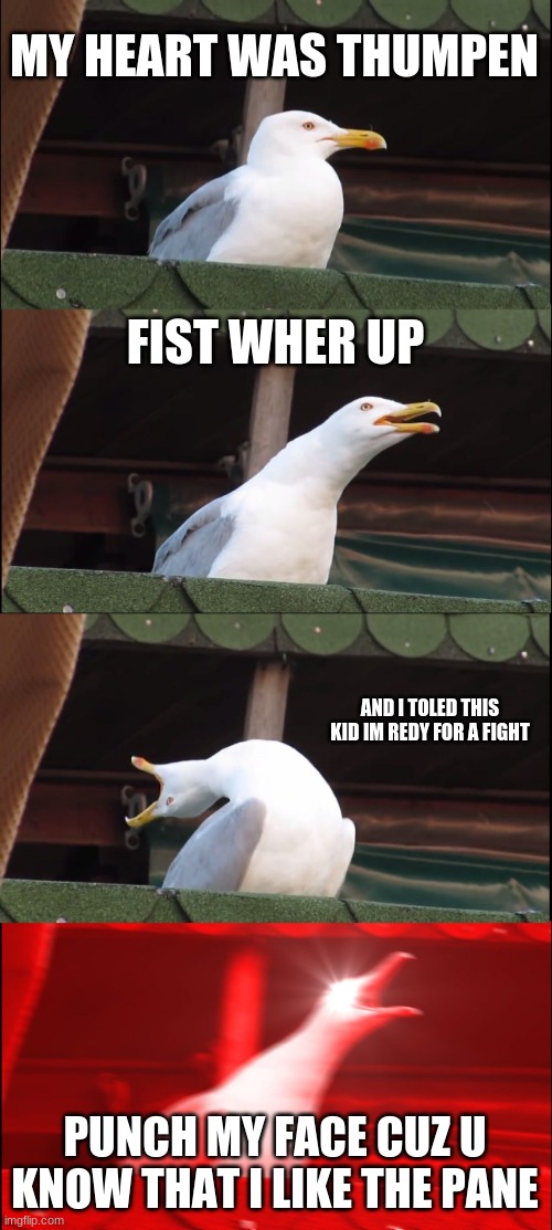 Inhaling Seagull Meme | MY HEART WAS THUMPEN; FIST WHER UP; AND I TOLED THIS KID IM REDY FOR A FIGHT; PUNCH MY FACE CUZ U KNOW THAT I LIKE THE PANE | image tagged in memes,inhaling seagull | made w/ Imgflip meme maker