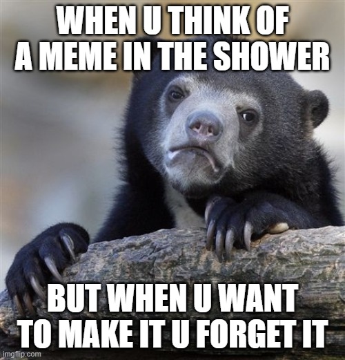 sad | WHEN U THINK OF A MEME IN THE SHOWER; BUT WHEN U WANT TO MAKE IT U FORGET IT | image tagged in memes,confession bear | made w/ Imgflip meme maker