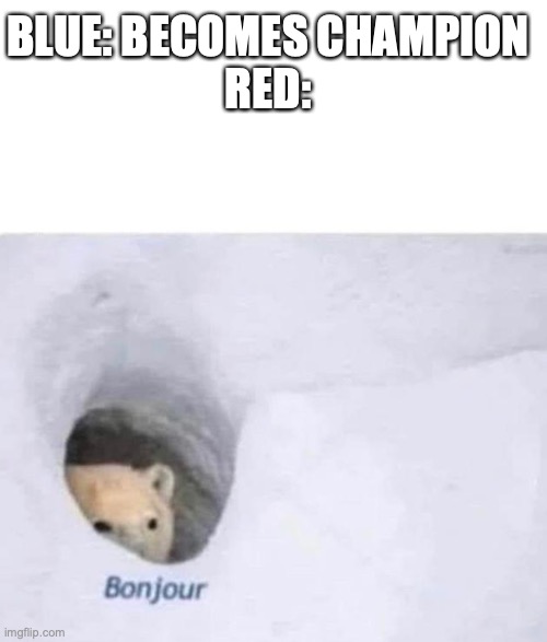 Bonjour | BLUE: BECOMES CHAMPION
RED: | image tagged in bonjour,pokemon | made w/ Imgflip meme maker