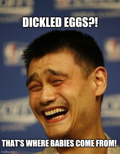 yao ming | DICKLED EGGS?! THAT'S WHERE BABIES COME FROM! | image tagged in yao ming | made w/ Imgflip meme maker