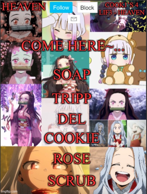 Muahahahaha... *Coughs* Coronavirus | COME HERE~... SOAP; TRIPP; DEL; COOKIE; ROSE; SCRUB | image tagged in heavens temp adorable | made w/ Imgflip meme maker