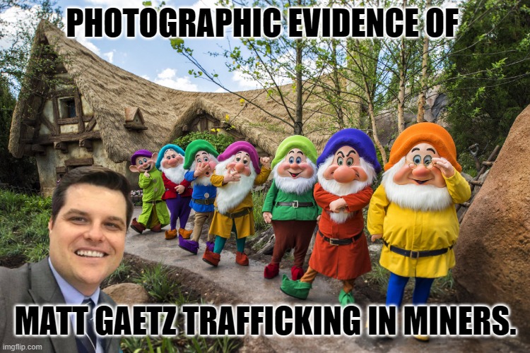 Why do you hate miners? | PHOTOGRAPHIC EVIDENCE OF MATT GAETZ TRAFFICKING IN MINERS. | image tagged in matt gaetz,witch hunt,seven dwarves | made w/ Imgflip meme maker