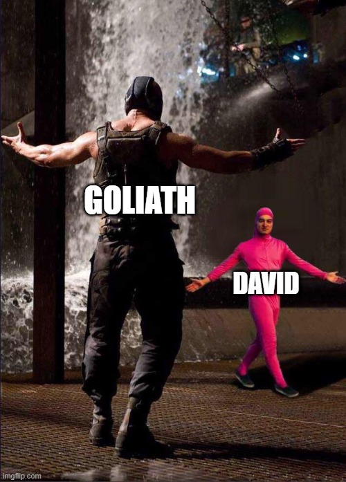 Its true though | GOLIATH; DAVID | image tagged in pink guy vs bane | made w/ Imgflip meme maker