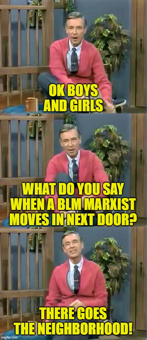 Bad Pun Mr. Rogers | OK BOYS AND GIRLS WHAT DO YOU SAY WHEN A BLM MARXIST MOVES IN NEXT DOOR? THERE GOES THE NEIGHBORHOOD! | image tagged in bad pun mr rogers | made w/ Imgflip meme maker