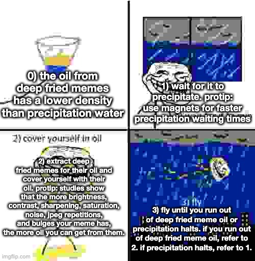 April 11th 2021: the "deep fried meme oil" incident... | 1) wait for it to precipitate. protip: use magnets for faster precipitation waiting times; 0) the oil from deep fried memes has a lower density than precipitation water; 2) extract deep fried memes for their oil and cover yourself with their oil. protip: studies show that the more brightness, contrast, sharpening, saturation, noise, jpeg repetitions, and bulges your meme has, the more oil you can get from them. 3) fly until you run out of deep fried meme oil or precipitation halts. if you run out of deep fried meme oil, refer to 2. if precipitation halts, refer to 1. | image tagged in cover yourself in oil,troll,physics,cover,yourself,oil | made w/ Imgflip meme maker
