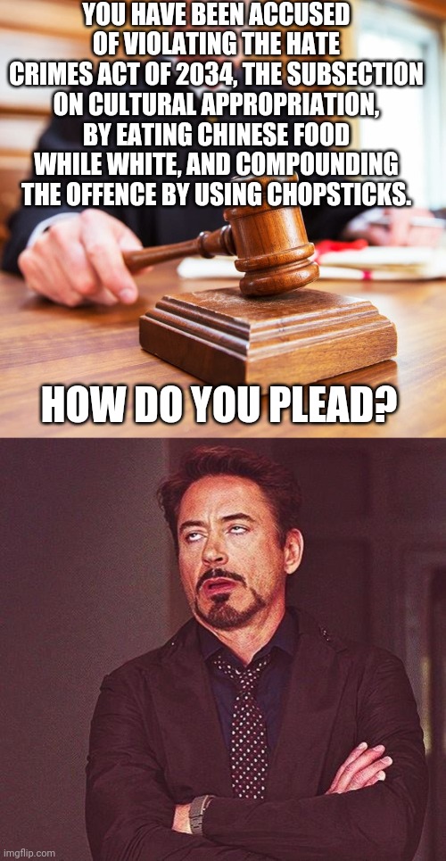 YOU HAVE BEEN ACCUSED OF VIOLATING THE HATE CRIMES ACT OF 2034, THE SUBSECTION ON CULTURAL APPROPRIATION, BY EATING CHINESE FOOD WHILE WHITE, AND COMPOUNDING THE OFFENCE BY USING CHOPSTICKS. HOW DO YOU PLEAD? | image tagged in robert downey jr annoyed | made w/ Imgflip meme maker