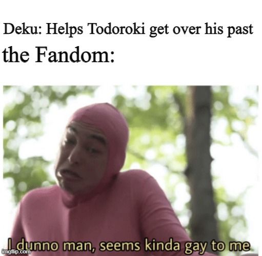 Image Title | Deku: Helps Todoroki get over his past; the Fandom: | image tagged in blank white template,idk man seems kinda gay | made w/ Imgflip meme maker