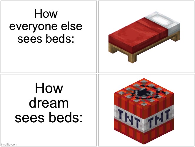 Nether/end exclusive | How everyone else sees beds:; How dream sees beds: | image tagged in memes,dream | made w/ Imgflip meme maker