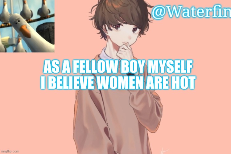 Waterfins Template | AS A FELLOW BOY MYSELF I BELIEVE WOMEN ARE HOT | image tagged in waterfins template | made w/ Imgflip meme maker