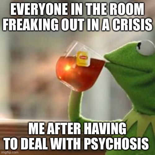 Psycho tea | EVERYONE IN THE ROOM FREAKING OUT IN A CRISIS; ME AFTER HAVING TO DEAL WITH PSYCHOSIS | image tagged in kermit tea | made w/ Imgflip meme maker