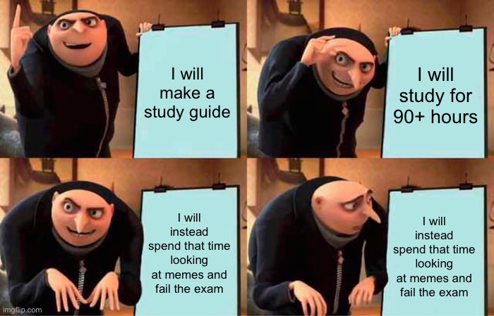 Gru's Plan Meme | I will make a study guide; I will study for 90+ hours; I will instead spend that time looking at memes and fail the exam; I will instead spend that time looking at memes and fail the exam | image tagged in memes,gru's plan,studying,study,fail,exams | made w/ Imgflip meme maker
