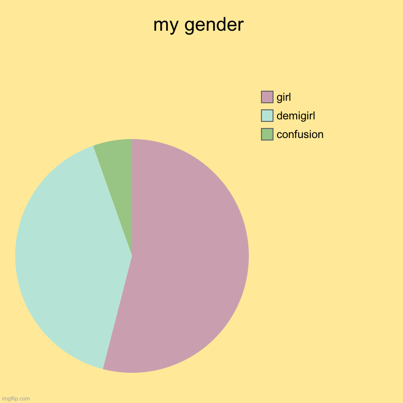 I might be bigender and/or genderfluid | my gender | confusion, demigirl, girl | image tagged in charts,pie charts | made w/ Imgflip chart maker