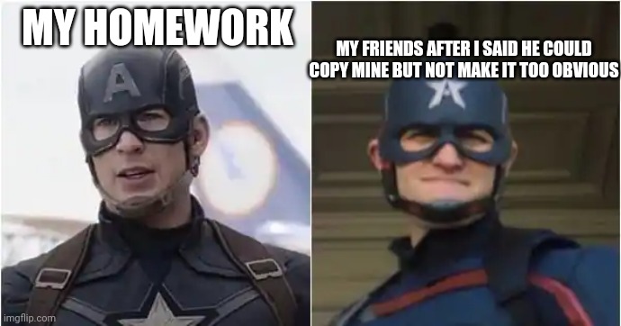 Don't make it too obvious | MY FRIENDS AFTER I SAID HE COULD COPY MINE BUT NOT MAKE IT TOO OBVIOUS; MY HOMEWORK | image tagged in steve rogers john walker | made w/ Imgflip meme maker