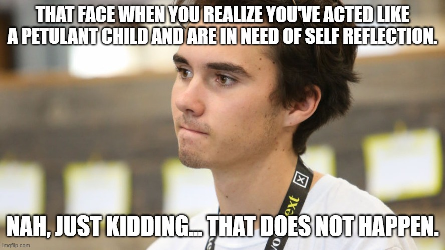 self reflective hogg |  THAT FACE WHEN YOU REALIZE YOU'VE ACTED LIKE A PETULANT CHILD AND ARE IN NEED OF SELF REFLECTION. NAH, JUST KIDDING... THAT DOES NOT HAPPEN. | image tagged in david hogg | made w/ Imgflip meme maker