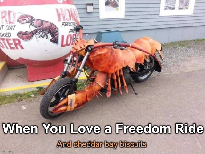 Rock on, Lobster! | When You Love a Freedom Ride; And cheddar bay biscuits | image tagged in funny memes,bikers,lobster | made w/ Imgflip meme maker