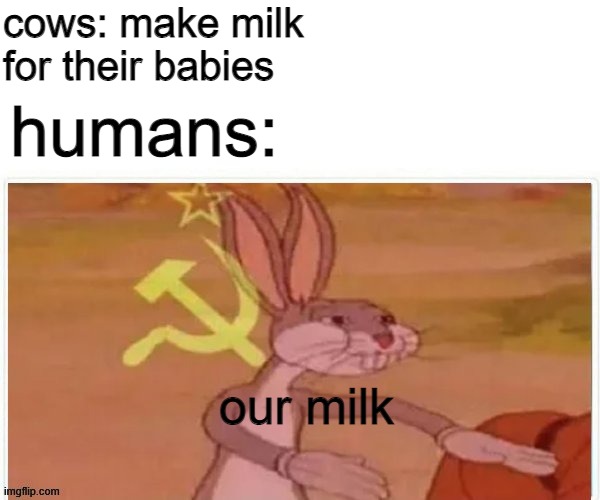 meme | cows: make milk for their babies; humans:; our milk | image tagged in communist bugs bunny,fnf moment,h | made w/ Imgflip meme maker
