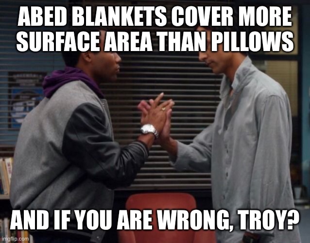 ABED BLANKETS COVER MORE SURFACE AREA THAN PILLOWS; AND IF YOU ARE WRONG, TROY? | made w/ Imgflip meme maker