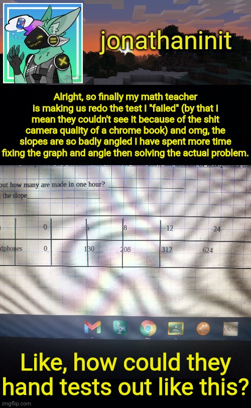 Explain school | Alright, so finally my math teacher is making us redo the test I "failed" (by that I mean they couldn't see it because of the shit camera quality of a chrome book) and omg, the slopes are so badly angled I have spent more time fixing the graph and angle then solving the actual problem. Like, how could they hand tests out like this? | image tagged in jonathan became a protogen | made w/ Imgflip meme maker