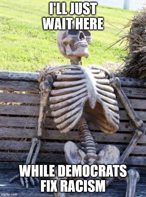 Democrats will fix racism | I'LL JUST WAIT HERE; WHILE DEMOCRATS FIX RACISM | image tagged in memes,waiting skeleton | made w/ Imgflip meme maker