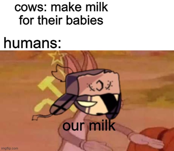 recreated a image from my photos |  cows: make milk for their babies; humans:; our milk | image tagged in comunist bugs bunny,fnf moment,a | made w/ Imgflip meme maker