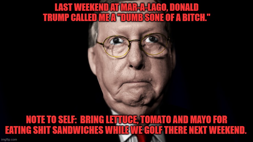 Mitch McConnell | LAST WEEKEND AT MAR-A-LAGO, DONALD TRUMP CALLED ME A "DUMB SONE OF A BITCH."; NOTE TO SELF:  BRING LETTUCE, TOMATO AND MAYO FOR EATING SHIT SANDWICHES WHILE WE GOLF THERE NEXT WEEKEND. | image tagged in mitch mcconnel | made w/ Imgflip meme maker