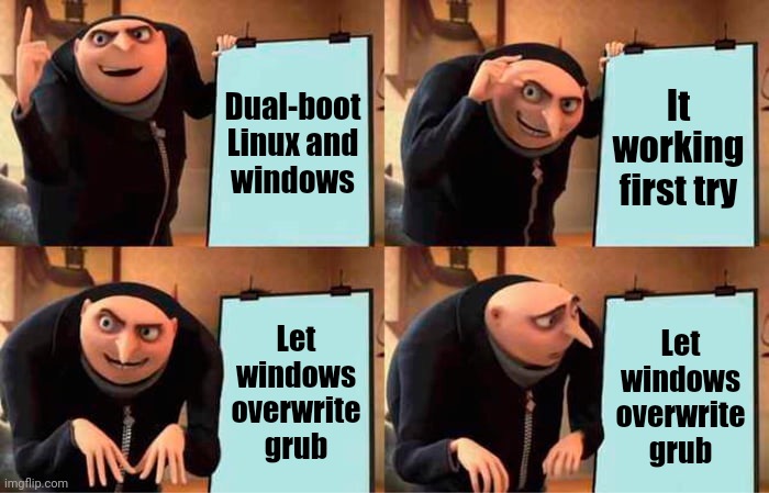 Hehe | Dual-boot Linux and windows; It working first try; Let windows overwrite grub; Let windows overwrite grub | image tagged in memes,gru's plan | made w/ Imgflip meme maker