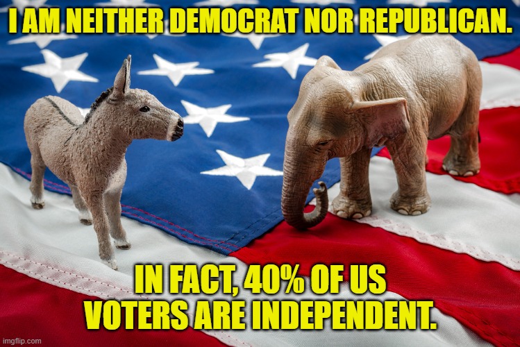 But the media only talks about the 2 flawed party system. | I AM NEITHER DEMOCRAT NOR REPUBLICAN. IN FACT, 40% OF US VOTERS ARE INDEPENDENT. | image tagged in republican vs democrat,independent,we are number one,ignore | made w/ Imgflip meme maker