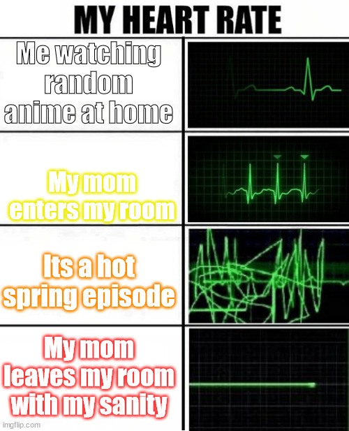 Rip sanity | Me watching random anime at home; My mom enters my room; Its a hot spring episode; My mom leaves my room with my sanity | image tagged in animeme,sanity,my heart | made w/ Imgflip meme maker