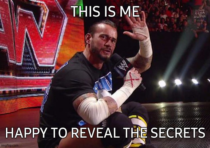 Cm Punk pipebomb wwe | THIS IS ME; HAPPY TO REVEAL THE SECRETS | image tagged in cm punk pipebomb wwe,this is me not caring,face reveal,secrets,hahaha | made w/ Imgflip meme maker