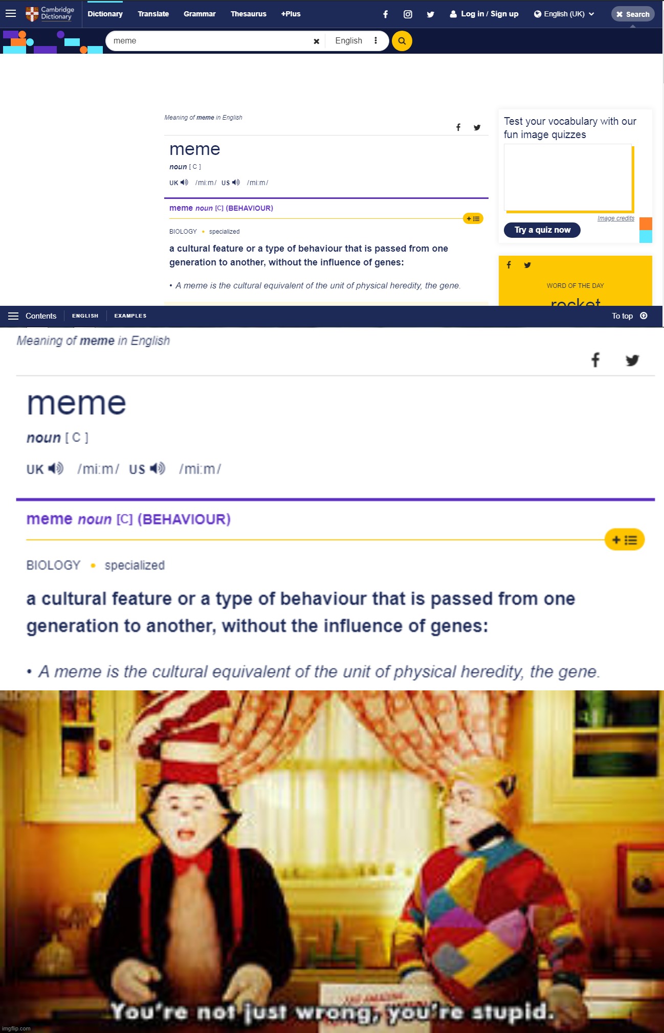 Apparently Cambridge Dictionary doesn't know what a meme is. HOW UNCULTURED! | image tagged in your not just wrong your stupid | made w/ Imgflip meme maker