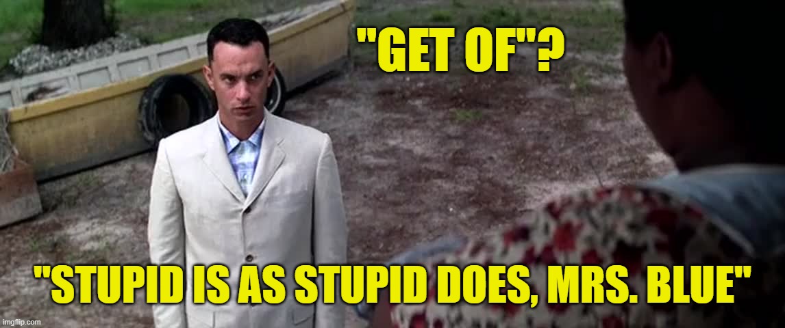 "GET OF"? "STUPID IS AS STUPID DOES, MRS. BLUE" | made w/ Imgflip meme maker
