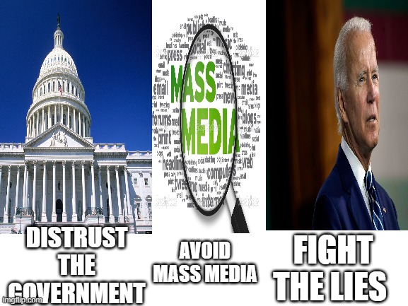 Critical thinking | DISTRUST THE GOVERNMENT; FIGHT THE LIES; AVOID MASS MEDIA | image tagged in blank white template | made w/ Imgflip meme maker