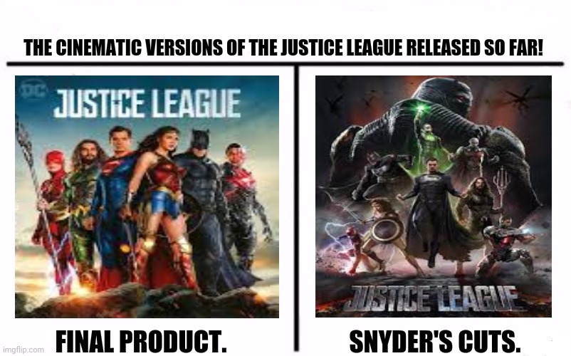 Who Would Win Blank | THE CINEMATIC VERSIONS OF THE JUSTICE LEAGUE RELEASED SO FAR! FINAL PRODUCT.                         SNYDER'S CUTS. | image tagged in memes,a man of quality,dc comics | made w/ Imgflip meme maker