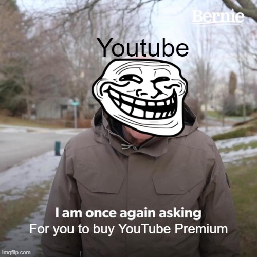 Bernie I Am Once Again Asking For Your Support | Youtube; For you to buy YouTube Premium | image tagged in memes,bernie i am once again asking for your support | made w/ Imgflip meme maker