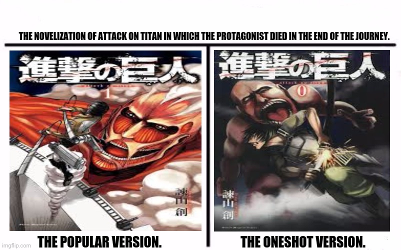 Who Would Win Blank | THE NOVELIZATION OF ATTACK ON TITAN IN WHICH THE PROTAGONIST DIED IN THE END OF THE JOURNEY. THE POPULAR VERSION.                                THE ONESHOT VERSION. | image tagged in memes,attack on titan,last supper | made w/ Imgflip meme maker