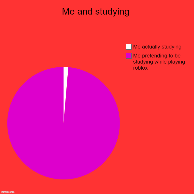 SCHOOL LOL | Me and studying | Me pretending to be studying while playing roblox, Me actually studying | image tagged in charts,pie charts | made w/ Imgflip chart maker
