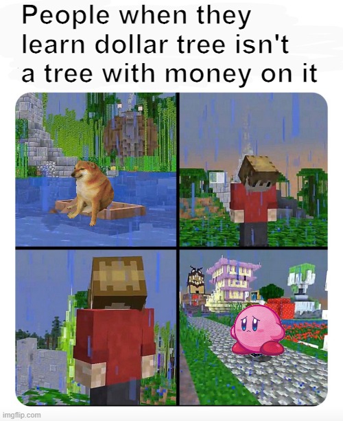 We have been tricked, backstabbed, and quite possibly bamboozled. | People when they learn dollar tree isn't a tree with money on it | image tagged in sad grian,cheems,kirby,hermitcraft,dollar tree | made w/ Imgflip meme maker