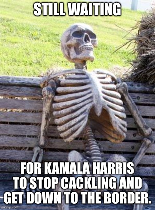 Kamala, you have work to do. | STILL WAITING; FOR KAMALA HARRIS TO STOP CACKLING AND GET DOWN TO THE BORDER. | image tagged in memes,waiting skeleton,kamala harris,border,illegal aliens,joker | made w/ Imgflip meme maker