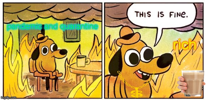 Rich in the quarentine | pandemic and quarantine; rich | image tagged in memes,this is fine | made w/ Imgflip meme maker