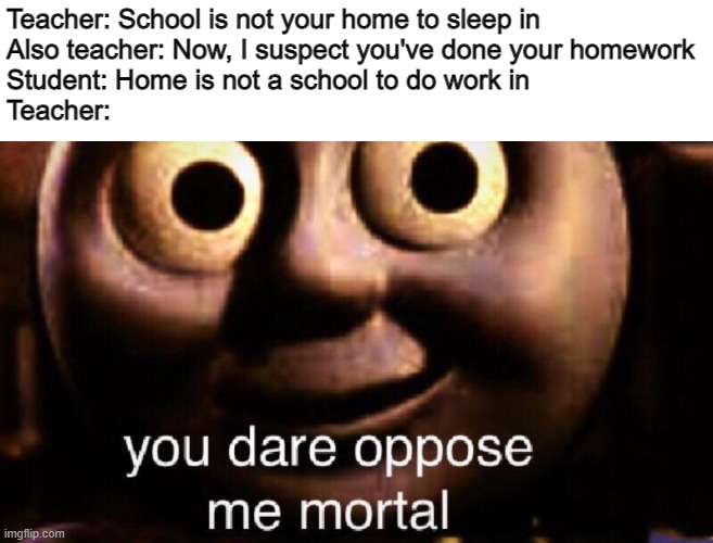 You dare oppose me mortal | Teacher: School is not your home to sleep in
Also teacher: Now, I suspect you've done your homework
Student: Home is not a school to do work | image tagged in you dare oppose me mortal | made w/ Imgflip meme maker